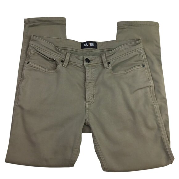 Du/er Mens Slim Fit Performance Denim Pants 34x30 Beige Cotton Blend Stretch - Picture 3 of 16